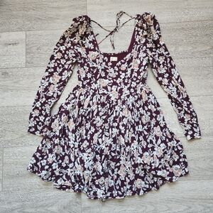 Altar'd State Floral Maroon Corset Lined Dress Womens Xs Long Sleeves Mini